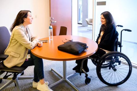 Janhavi Bonville, UCSF associate executive vice chancellor and provost, meets with UCSF Health vice president and chief of staff to the CEO Elizabeth Engel at UCSF&apos;s Mission Bay campus on Friday, June 6, 2023. (Photo by Noah Berger)