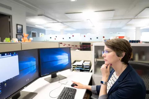 Mindy Hebert-DeRouen, PhD, MPH, research specialist in the department of Epidemiology and Biostatistics and co-investigator for the Greater Bay Area Cancer Registry, working from her office at Mission Hall, at the UCSF Misision Bay campus, is celebrated in one of the monthly features on ucsf.edu of UCSF faculty, students and staff who live with a disability; Dr. DeRouen has Willis Ekbom Disease, otherwise known as Primary Restless Leg Syndrome, which causes severe sleep disorder.
