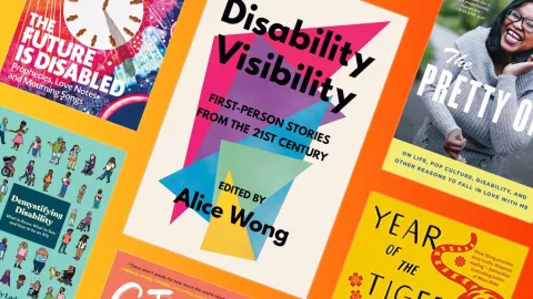 Cover of books including Disability Visibility edited by Alice Wong, The Pretty One, Year of the Tiger, The Future is Disabled, and Demystifying Disability.