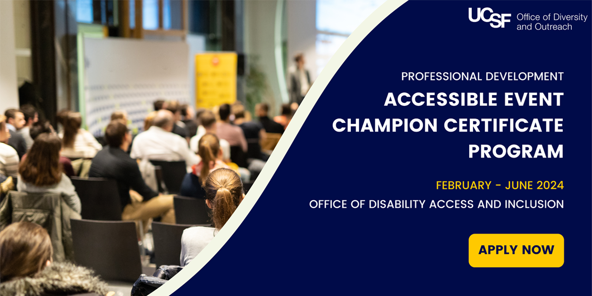 A classroom of seated students viewed from the back of the room. A graphic overlay says, "Professional Development ... Accessible Event Champion Certificate Program ... February - June 2024 - Office of Disability and Inclusion - Apply Now"