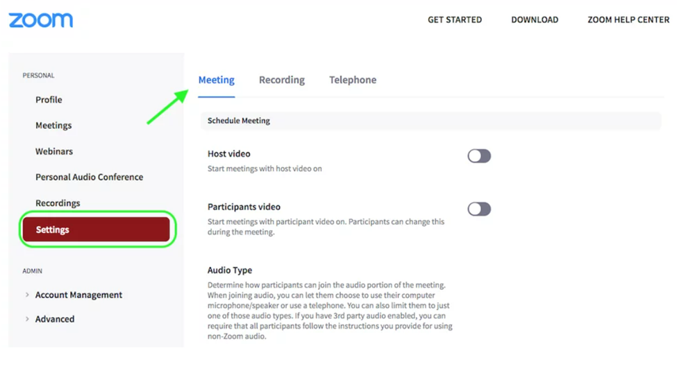 Screen shot of Zoom settings page. Instructions indicate to go to your Zoom Settings page. Click on Settings (indicated by a green circle in diagram) in the lefthand menu bar and ensure that 'Meetings' is selected.