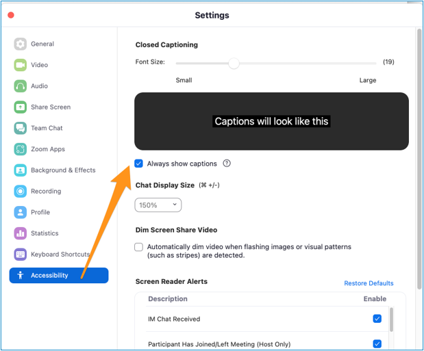 Screen shot of Zoom settings showing the feature where you can enable automatic captioning in your Accessibility Settings. Go to User Preferences and click Go to Accessibility. Check box under Accessibility for Always show captions.